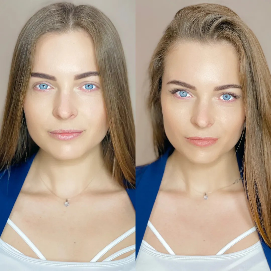 Side-by-side before-and-after portrait showing a custom lash extension result.