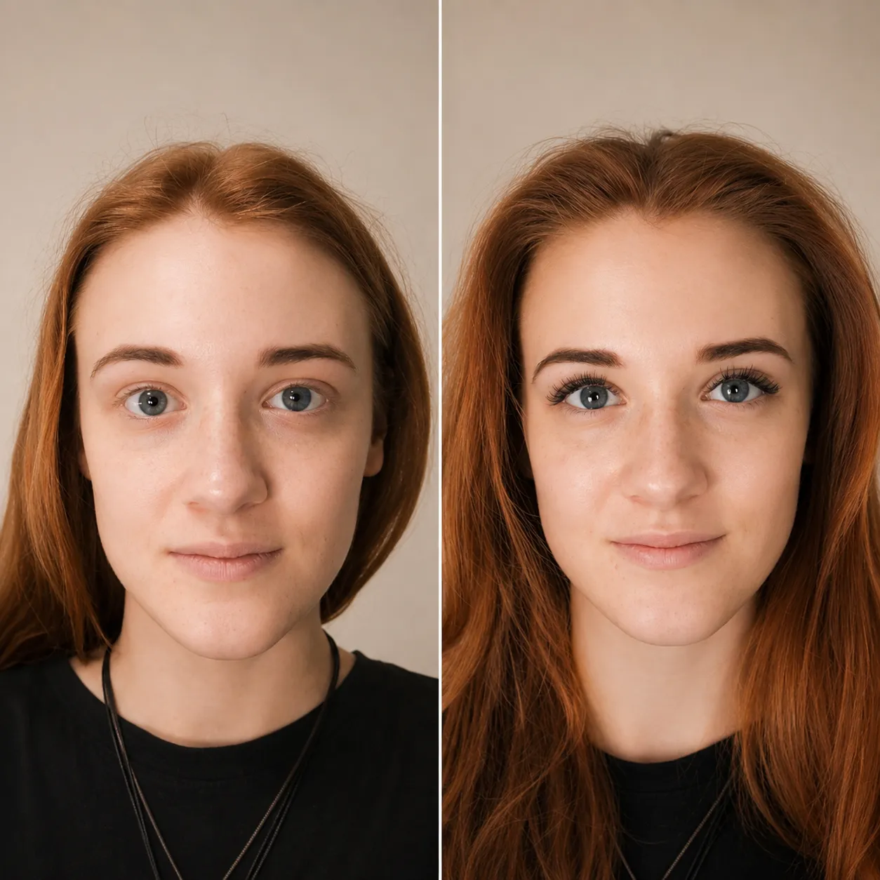 Side-by-side before-and-after portrait showing a custom lash extension result.