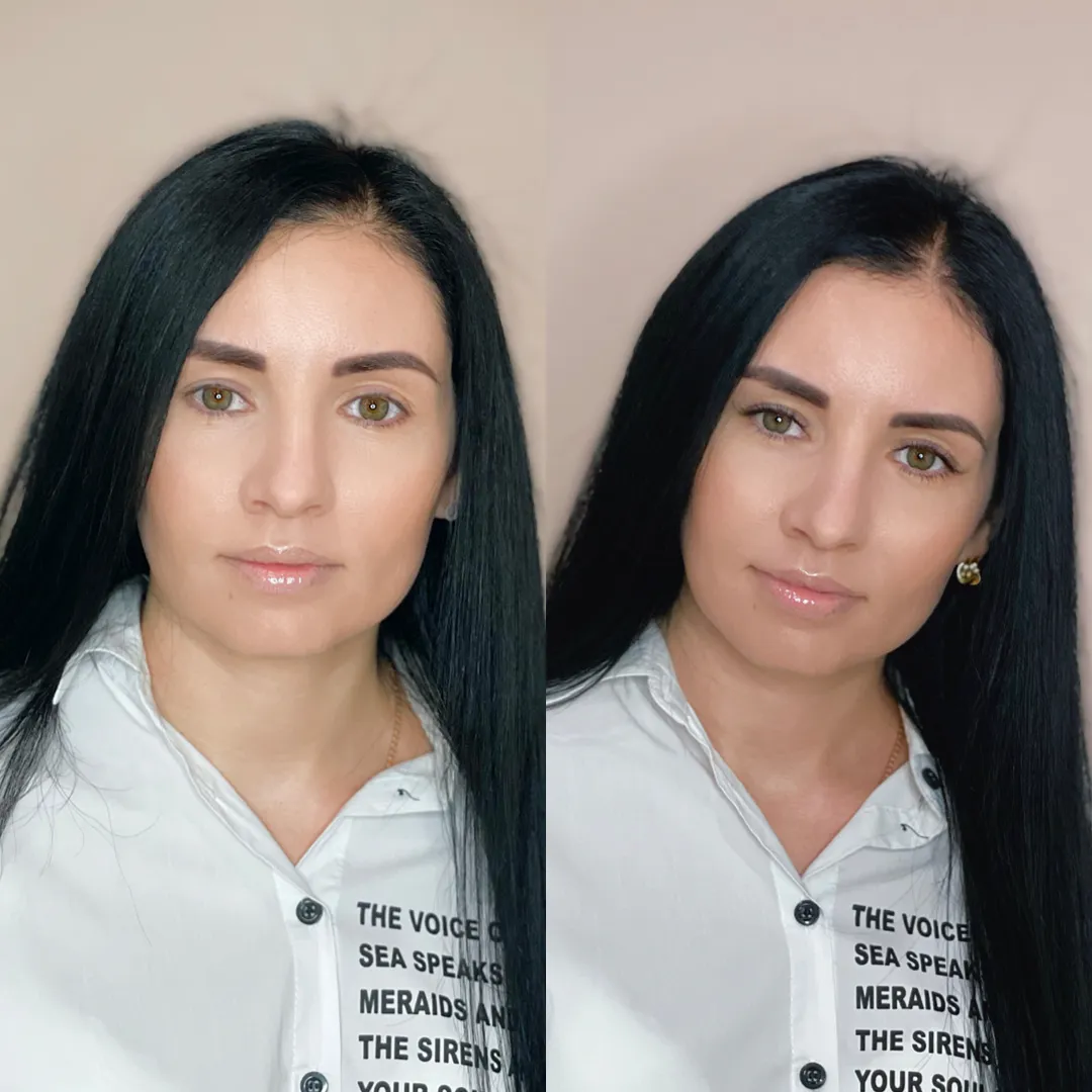 Side-by-side before-and-after portrait showing a custom lash extension result.