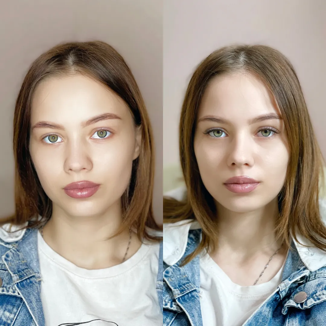 Side-by-side before-and-after portrait showing a custom lash extension result.