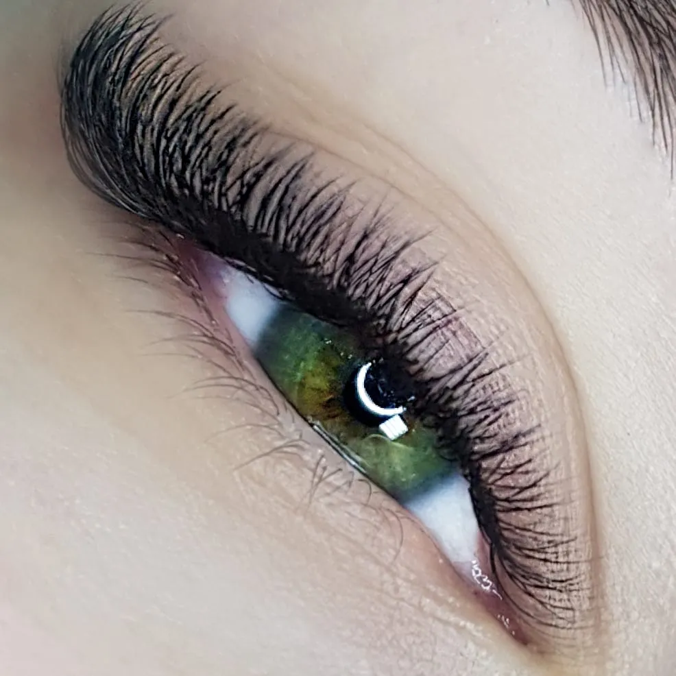 Close view of a client's eye with a defined Cat Eye lash extension result.