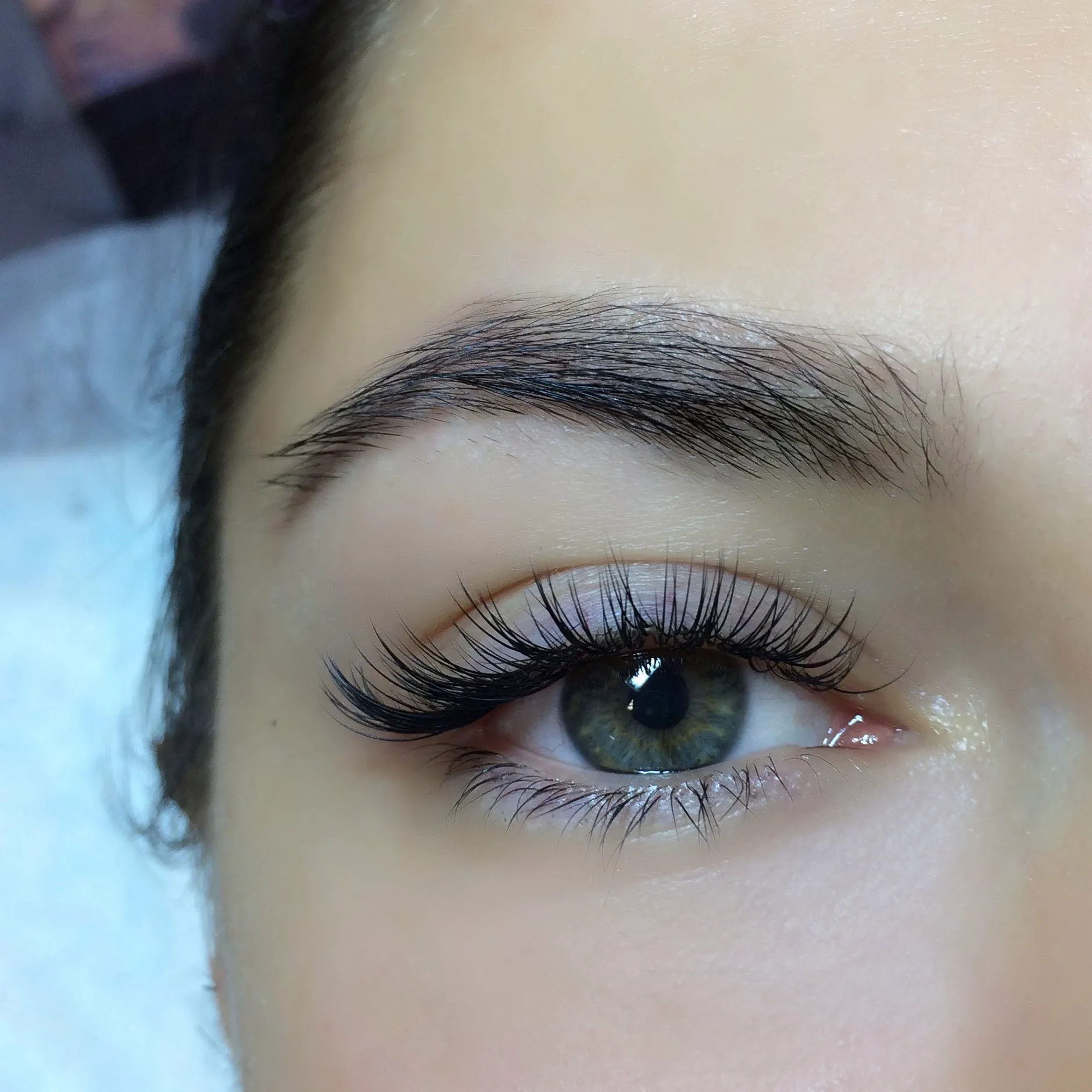Close view of a client's eye with a defined Classic lash extension result.