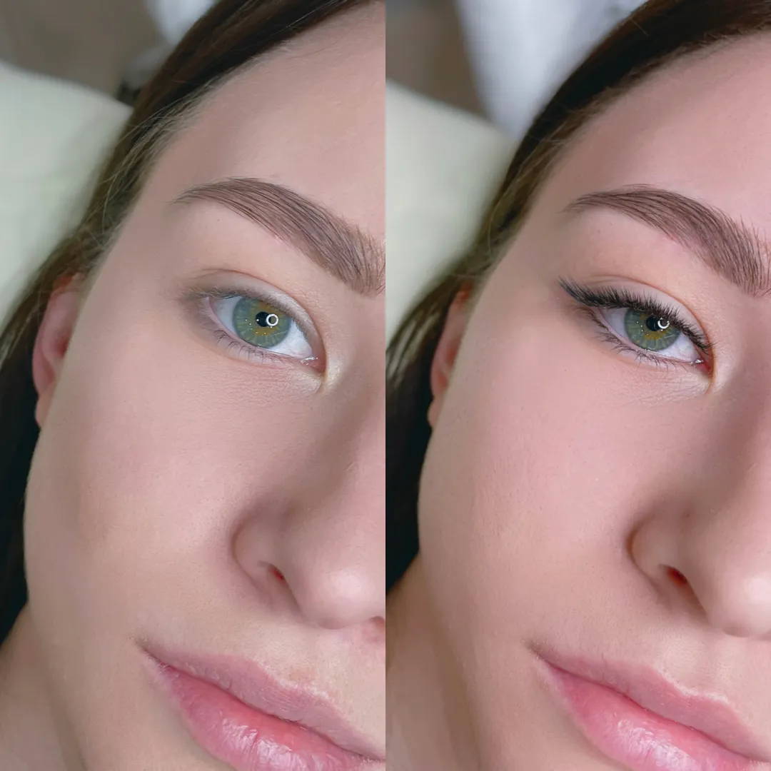 Side-by-side before-and-after portrait showing an Eyeliner Effect lash extension result.