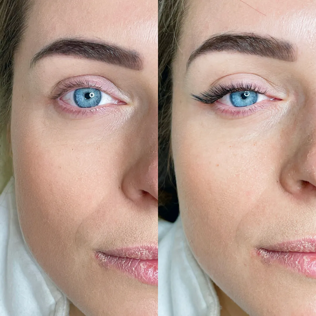 Side-by-side before-and-after portrait showing a defined Eyeliner Effect lash extension result.