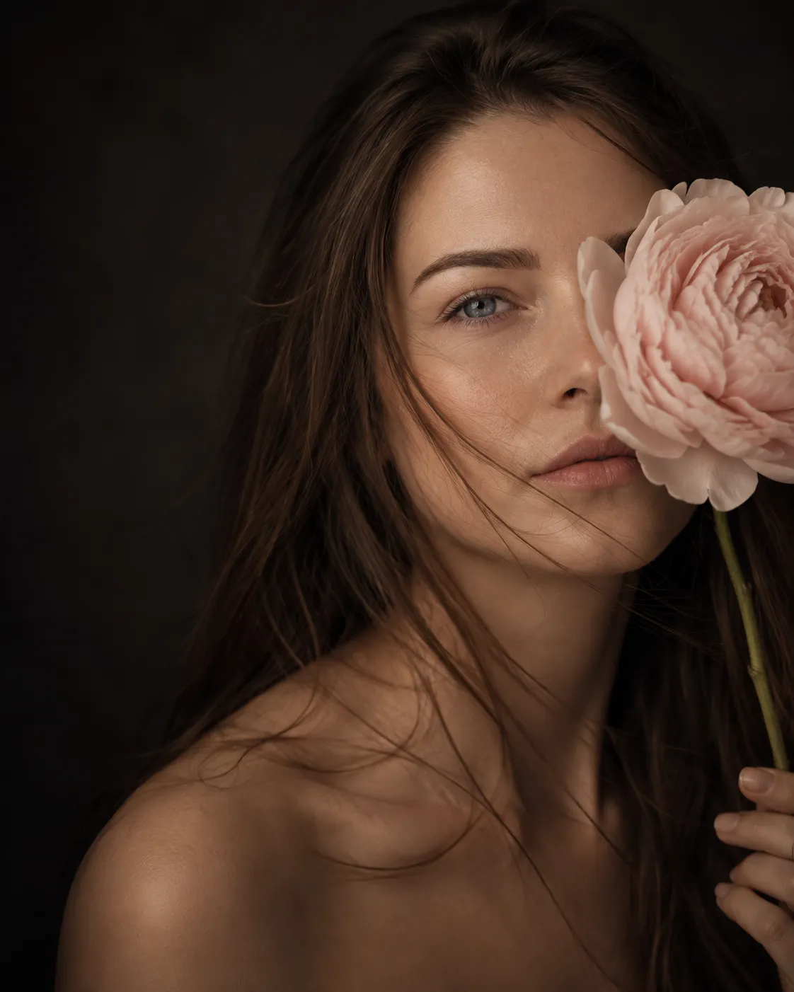 Portrait of a woman holding a pale pink flower beside her face.